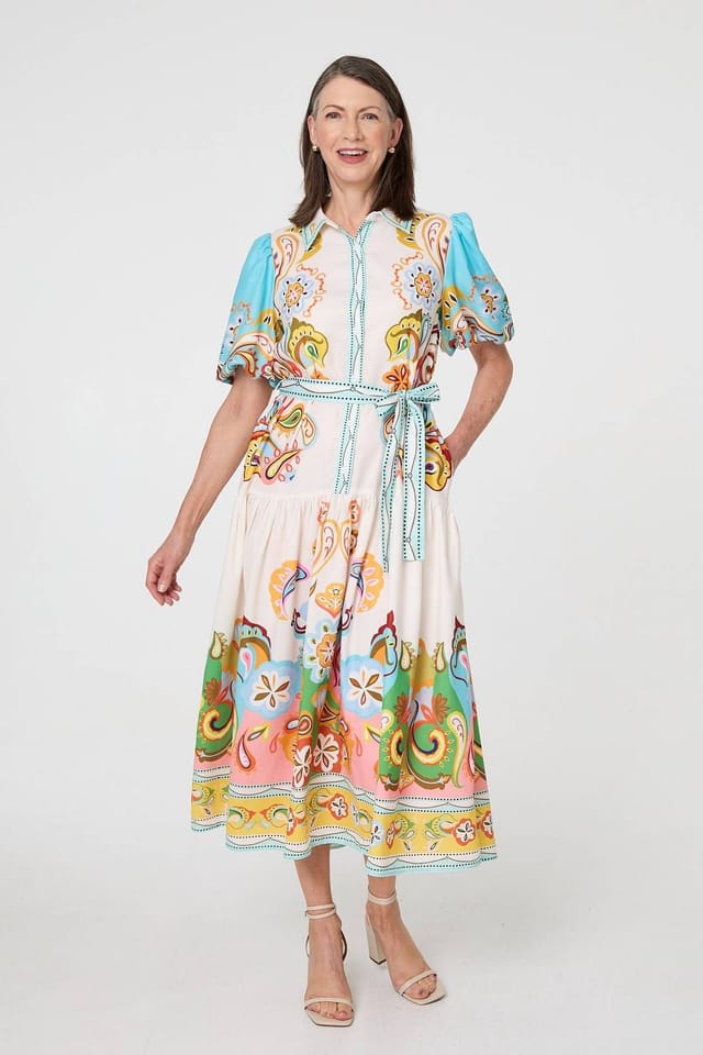 Izabel London Izabel London Women's Abstract Border Tie Waist Midi Dress in Beige - 2