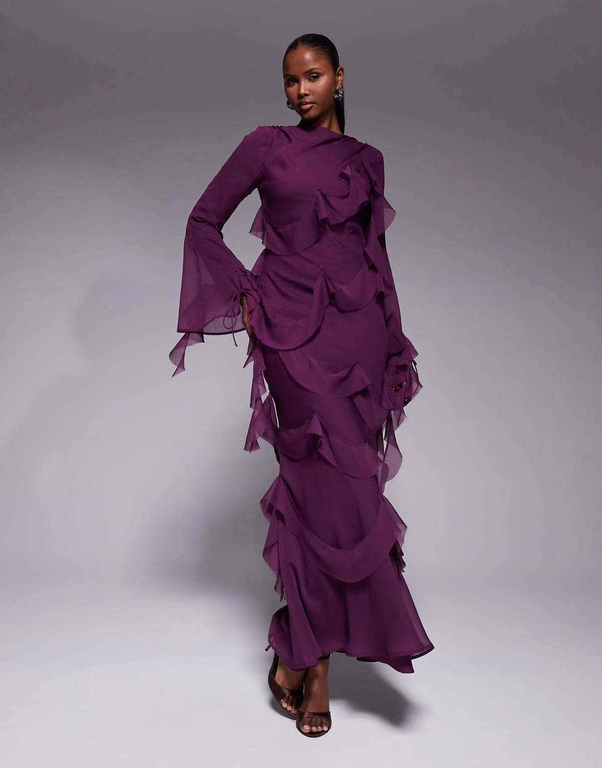 ASOS ASOS DESIGN draped raw edge ruffle long sleeve maxi dress in purple - 1