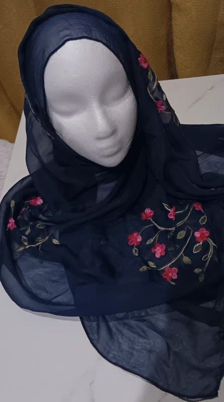 Elegant Soft Chiffon Wrap with Pink Floral Embroid Floral Embroidered Chiffon Hijab Scarf