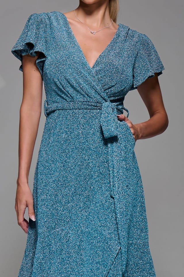 Jolie Moi Jolie Moi Women's Metalic Angel Sleeve Wrap Maxi Dress in Blue - 3