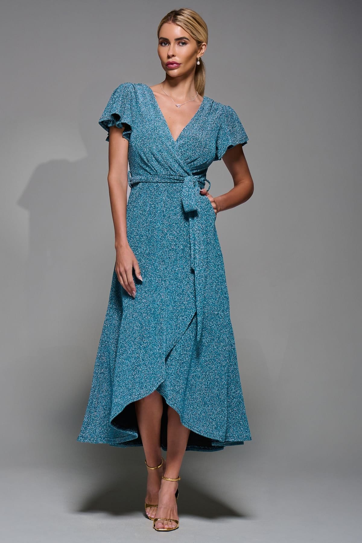 Jolie Moi Jolie Moi Women's Metalic Angel Sleeve Wrap Maxi Dress in Blue - 4