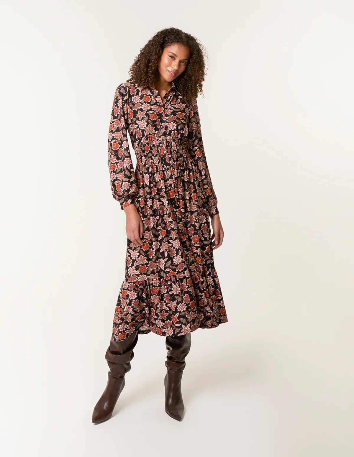 Blue Vanilla Floral Printed Shirred Waist Midi Shirt Dress