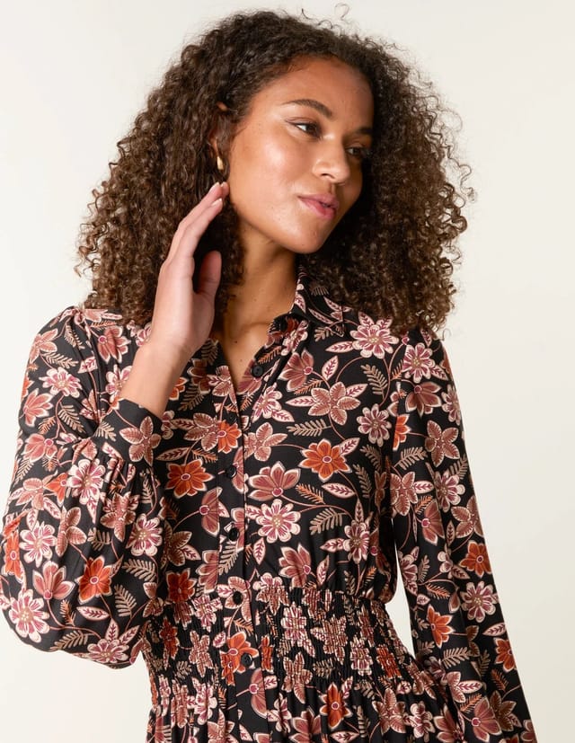 Blue Vanilla Floral Printed Shirred Waist Midi Shirt Dress - 2