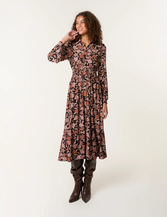 Blue Vanilla Floral Printed Shirred Waist Midi Shirt Dress - 3