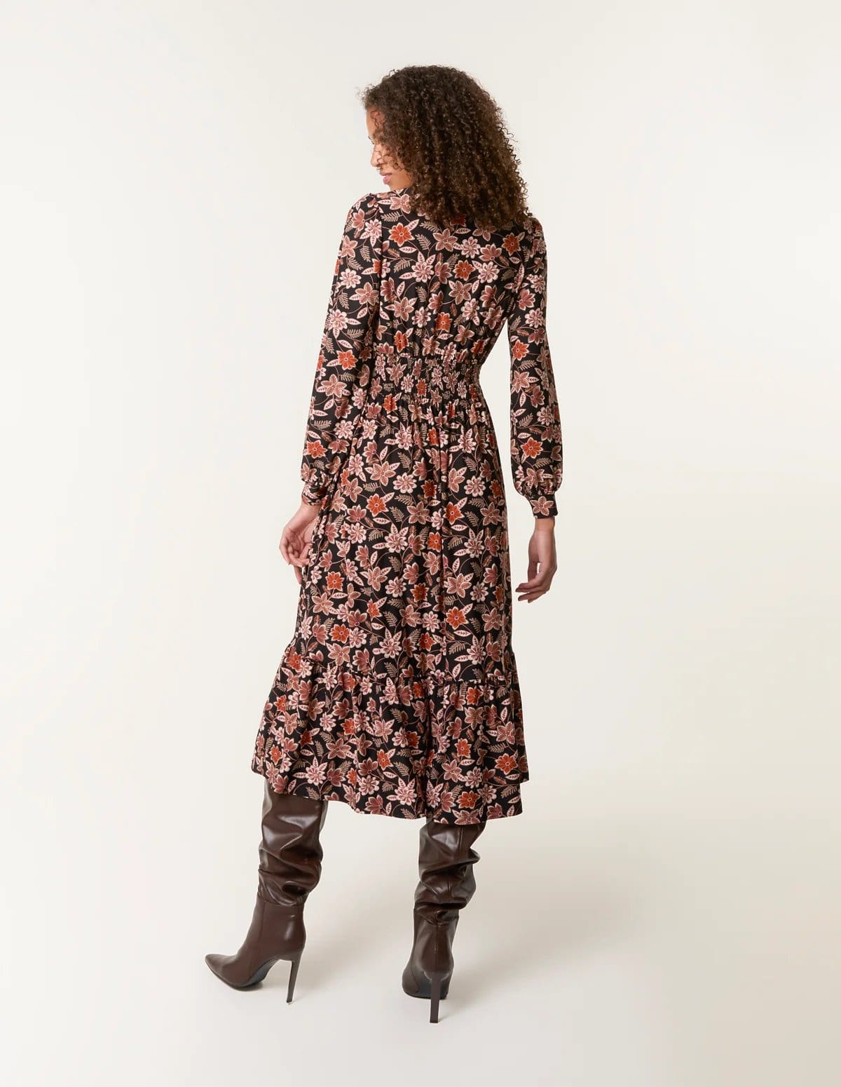 Blue Vanilla Floral Printed Shirred Waist Midi Shirt Dress - 4
