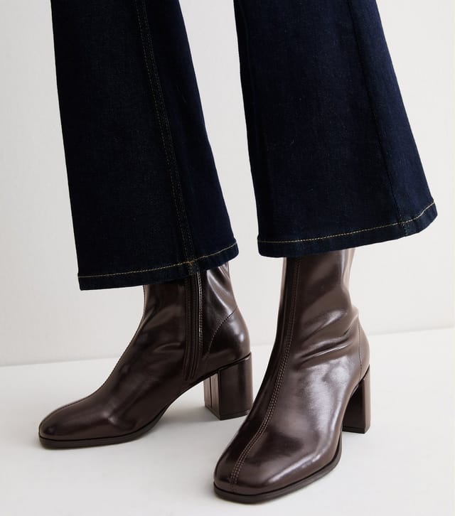 New Look Women's Dark Brown Faux Leather Sock Block Heel Ankle Boots Vegan New Look - 2
