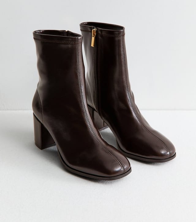 New Look Women's Dark Brown Faux Leather Sock Block Heel Ankle Boots Vegan New Look - 3