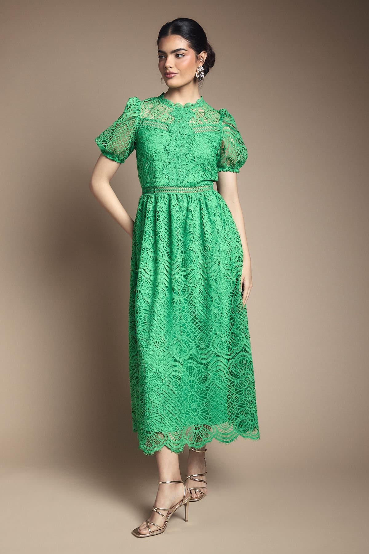 Oasis Oasis Women's Lace Puff Sleeve Fit & Flare Midi Dress in Green