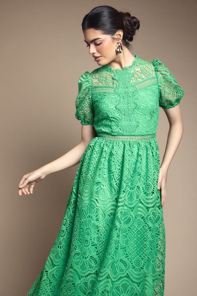 Oasis Oasis Women's Lace Puff Sleeve Fit & Flare Midi Dress in Green - 2