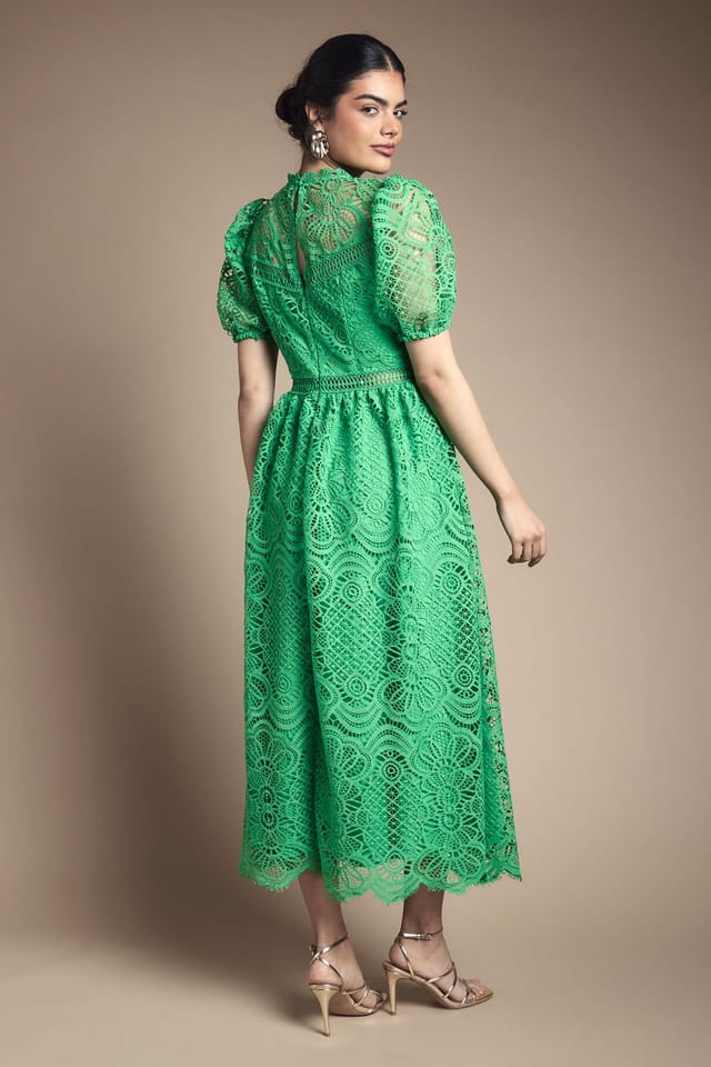 Oasis Oasis Women's Lace Puff Sleeve Fit & Flare Midi Dress in Green - 3