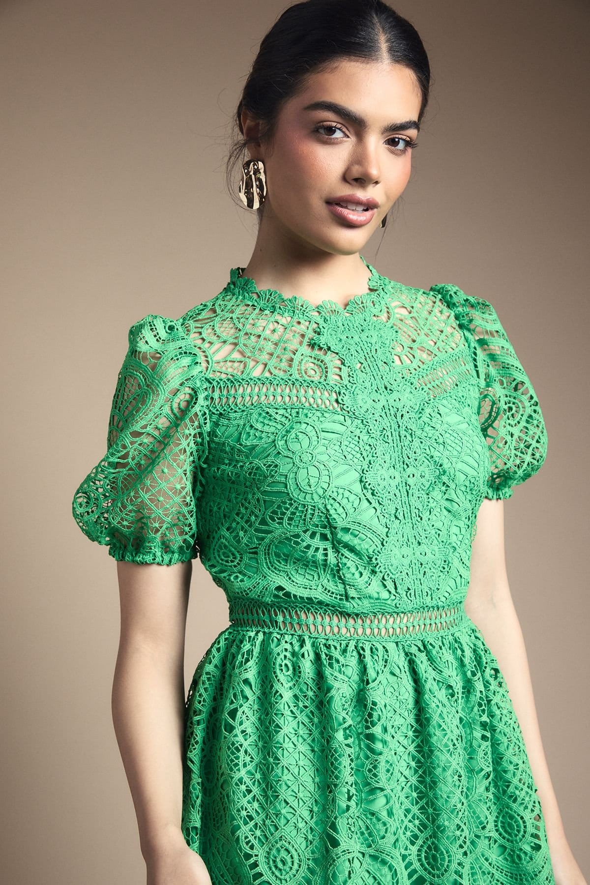 Oasis Oasis Women's Lace Puff Sleeve Fit & Flare Midi Dress in Green - 4