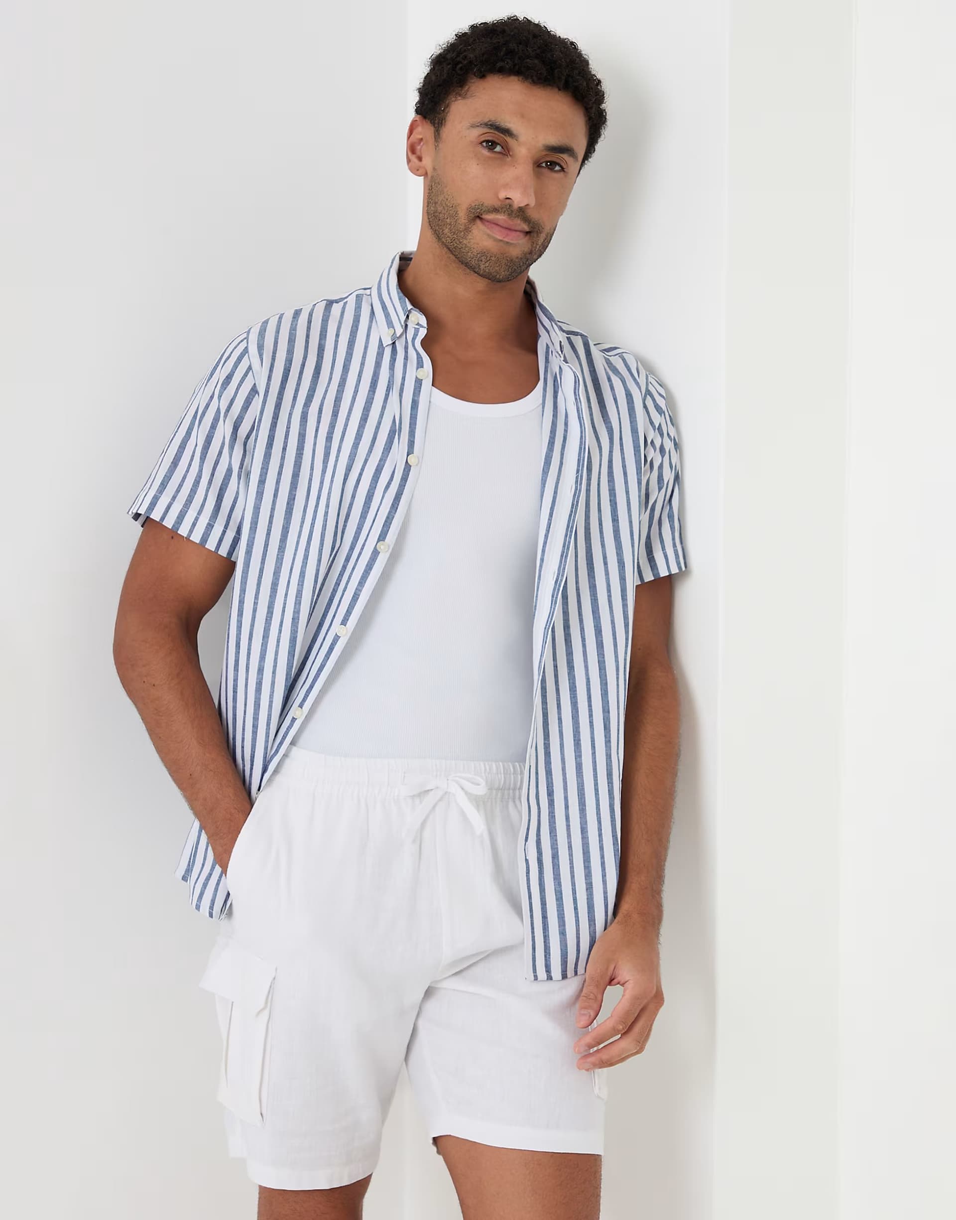 ASOS Threadbare Stripe linen cotton blend short sleeve shirt in blue