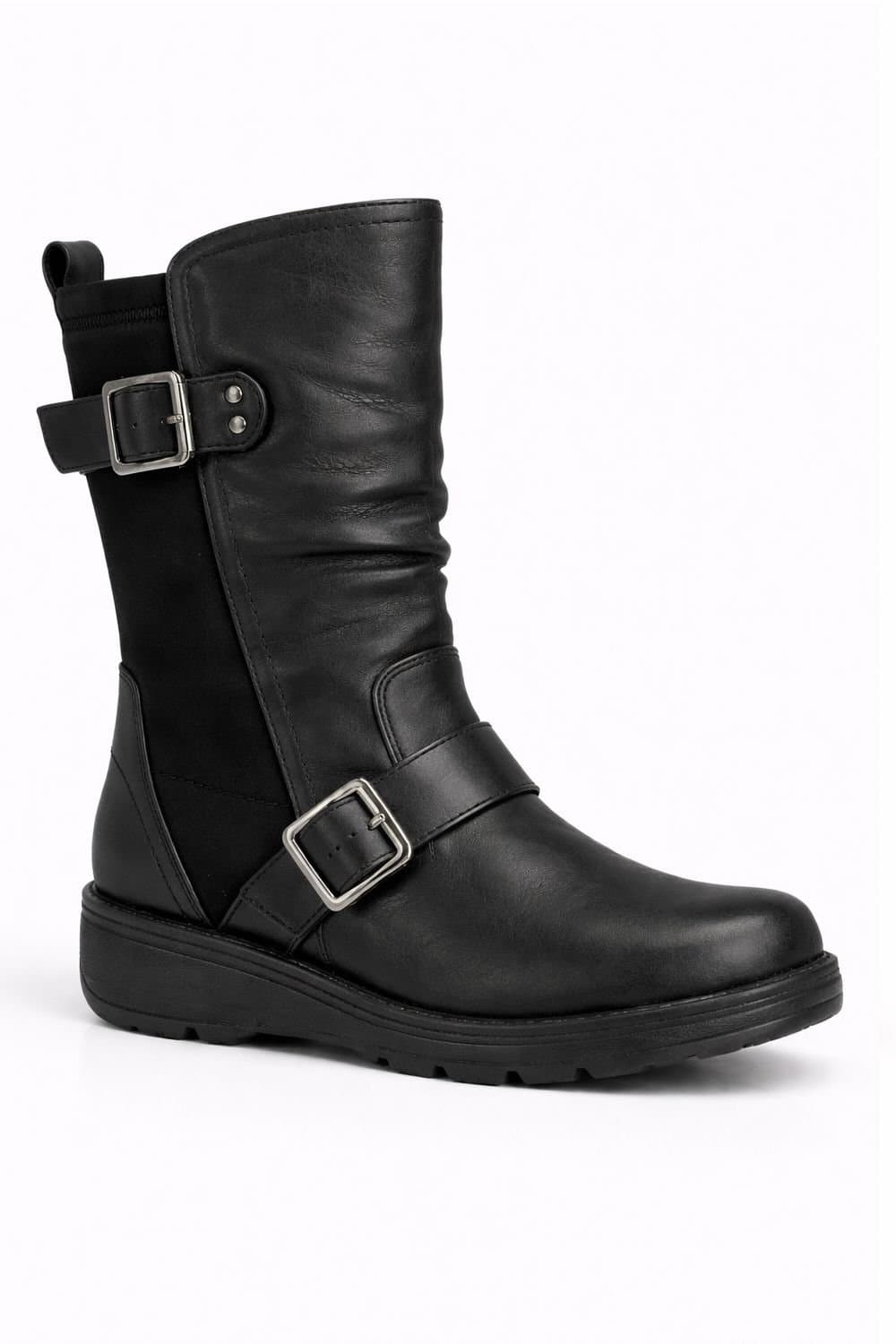 Spot On Spot On Women's Extra Wide Fit Mid Calf Buckle Strap Flat Boots with Stretch Panel in Black