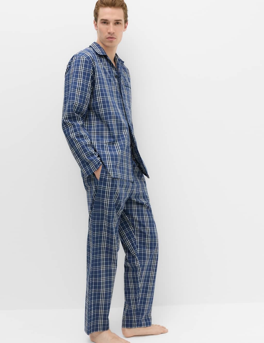 Marks & Spencer M&S Pure Cotton Checked Pyjama Set Blue Mix