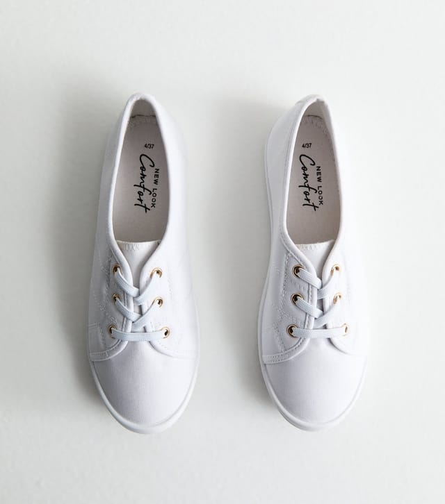 New Look Women's White Canvas Lace Up Trainers New Look - 2