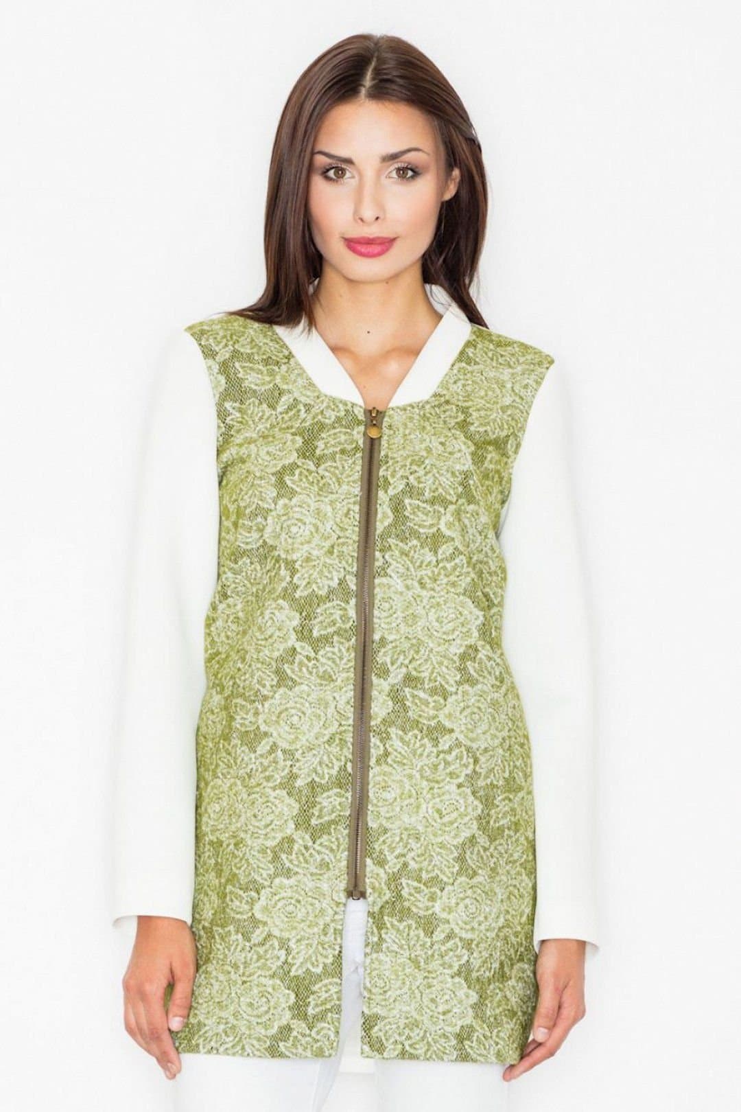 Love Lace Love Lace Women's Floral Zip Up Stand Collar Casual Coat in Green