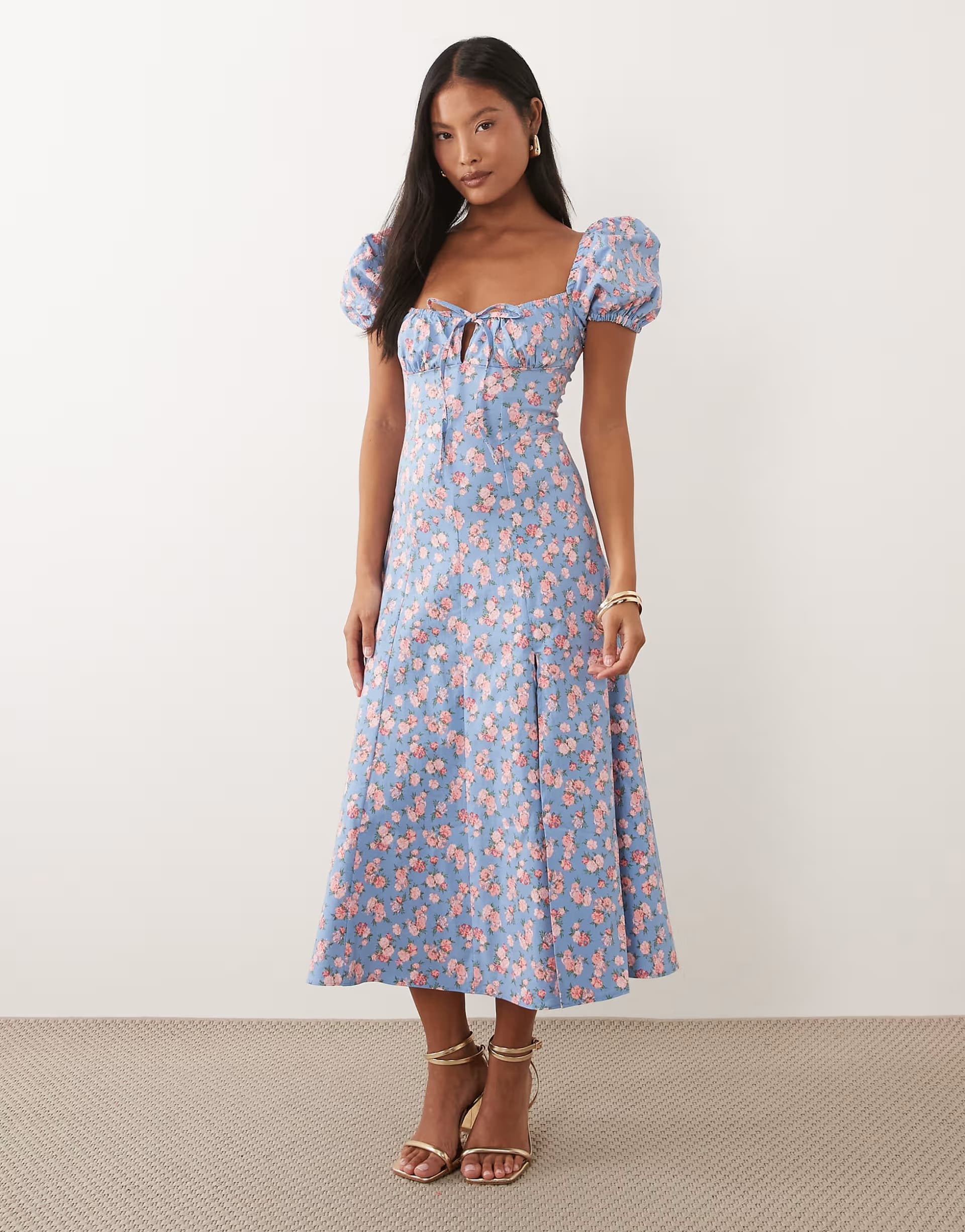ASOS New Look Petite floral bouquet milkmaid midi dress in blue