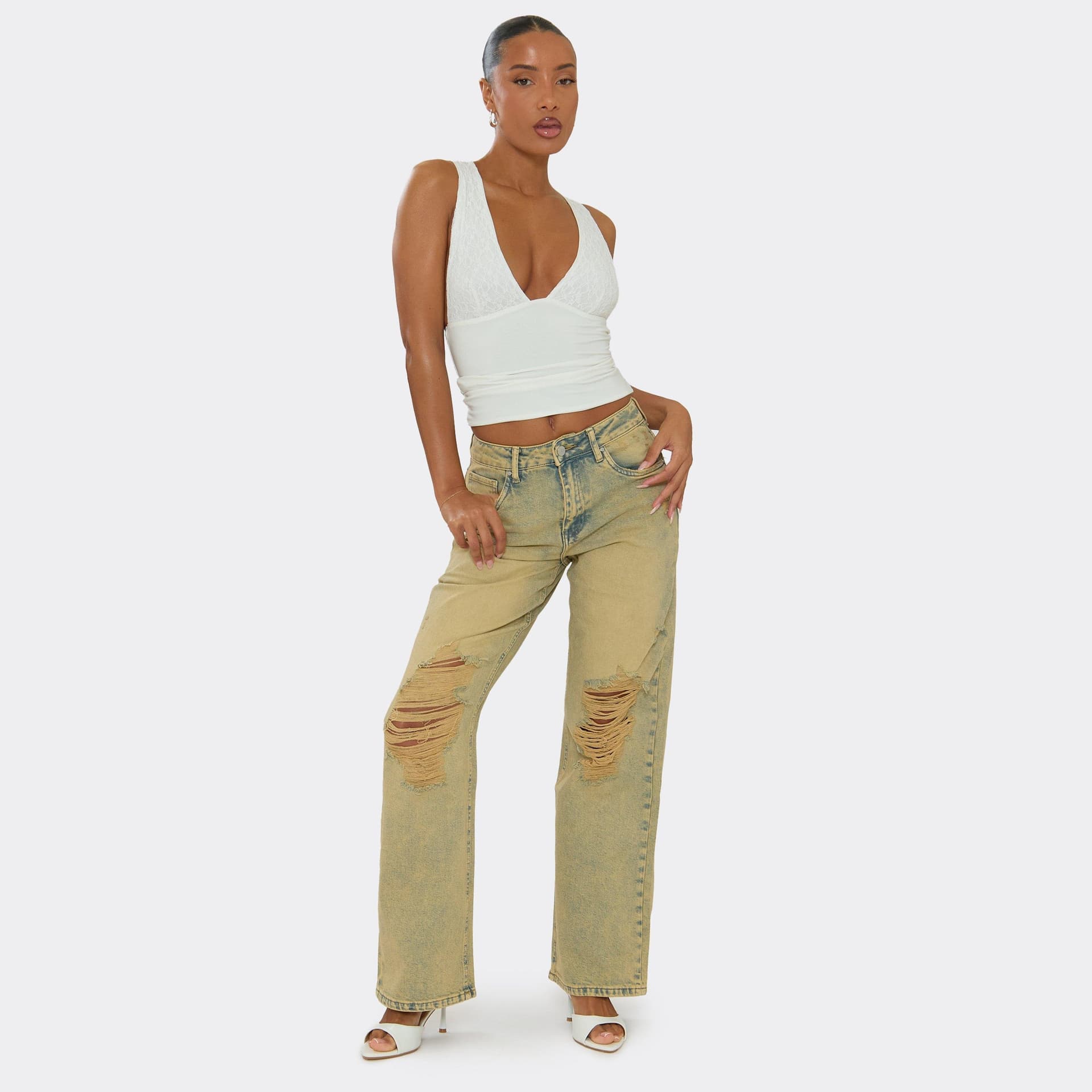 EGO EGO Blue Distressed Straight Leg Jeans In Antique Wash