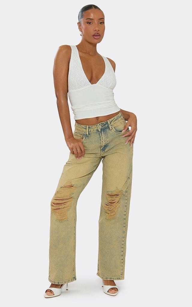 EGO Mid Rise Distressed Straight Leg Jeans In Antique Wash, Women's Size UK L - 2