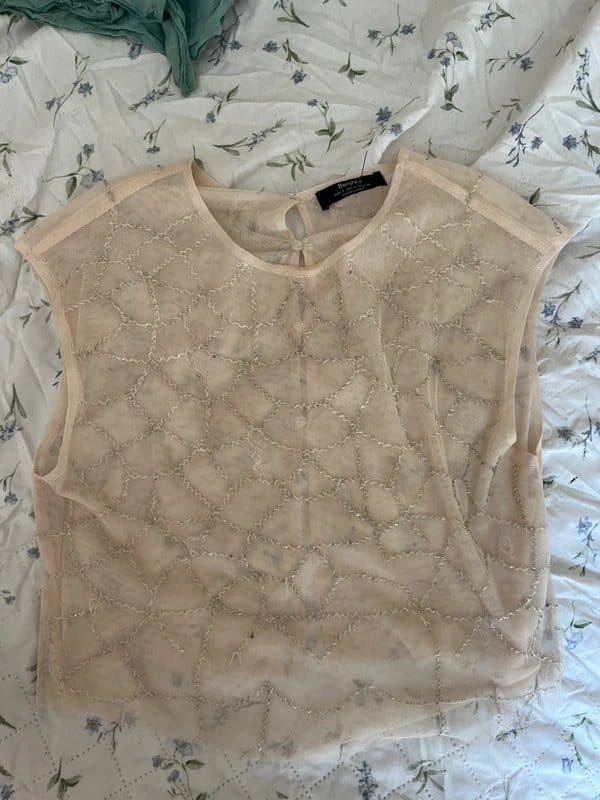 Bershka Beige Mesh Sequin Top