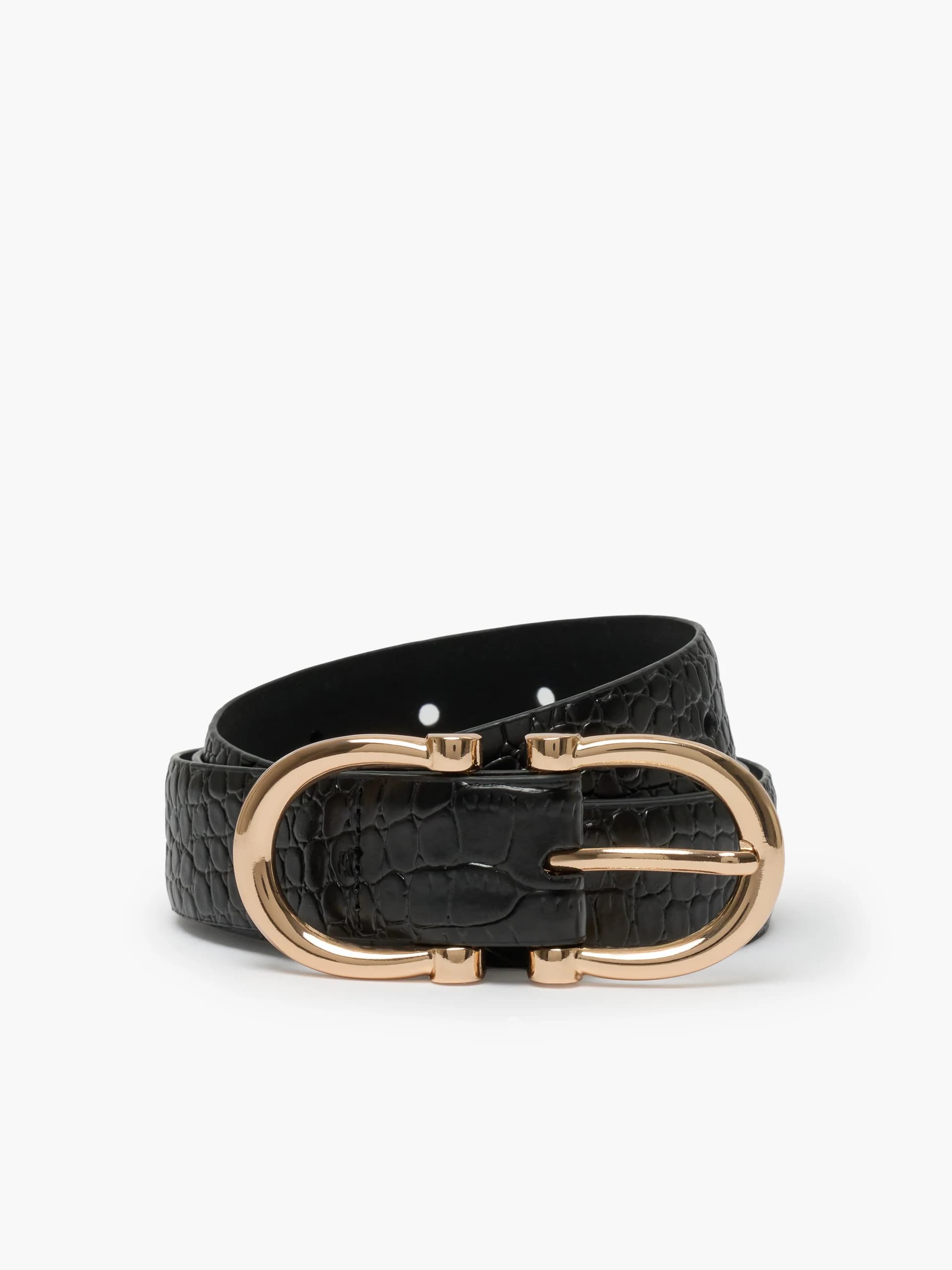 French Connection Black Croc Leather Horseshoe Buckle Belt Black Croc
