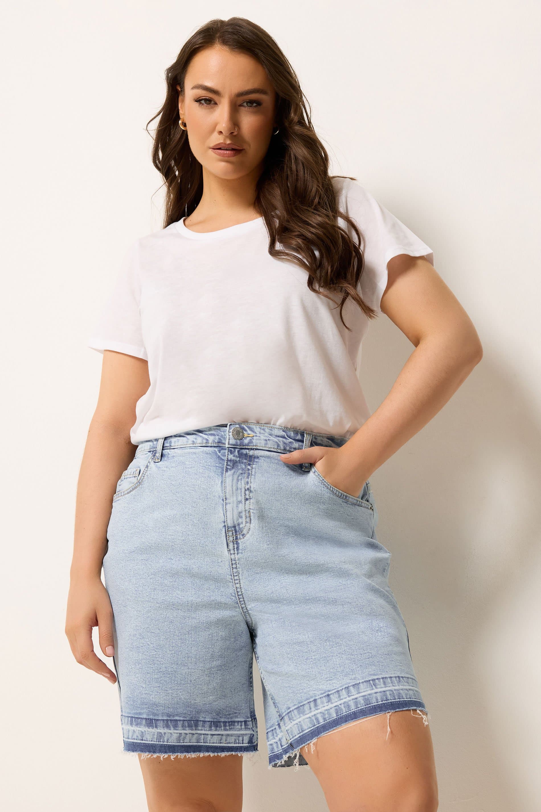 Yours Plus Size Blue Hem Detail Denim Shorts
