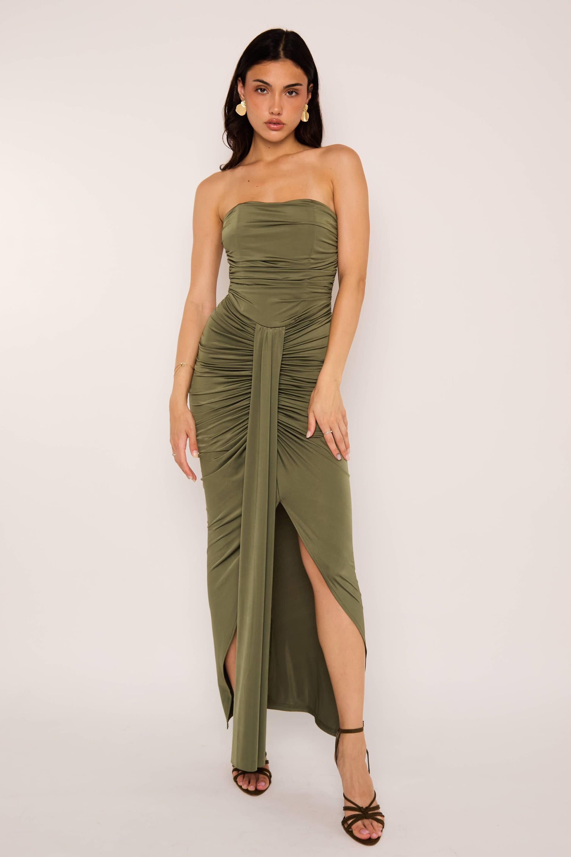 Jaded Rose Jaded Rose Women's Kimberley Olive Green Slinky Corset Drape Bandeau Maxi Dress in Dark Olive