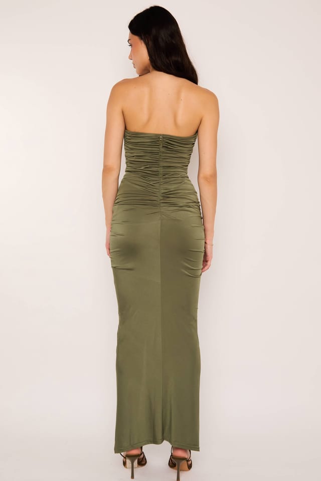 Jaded Rose Jaded Rose Women's Kimberley Olive Green Slinky Corset Drape Bandeau Maxi Dress in Dark Olive - 3