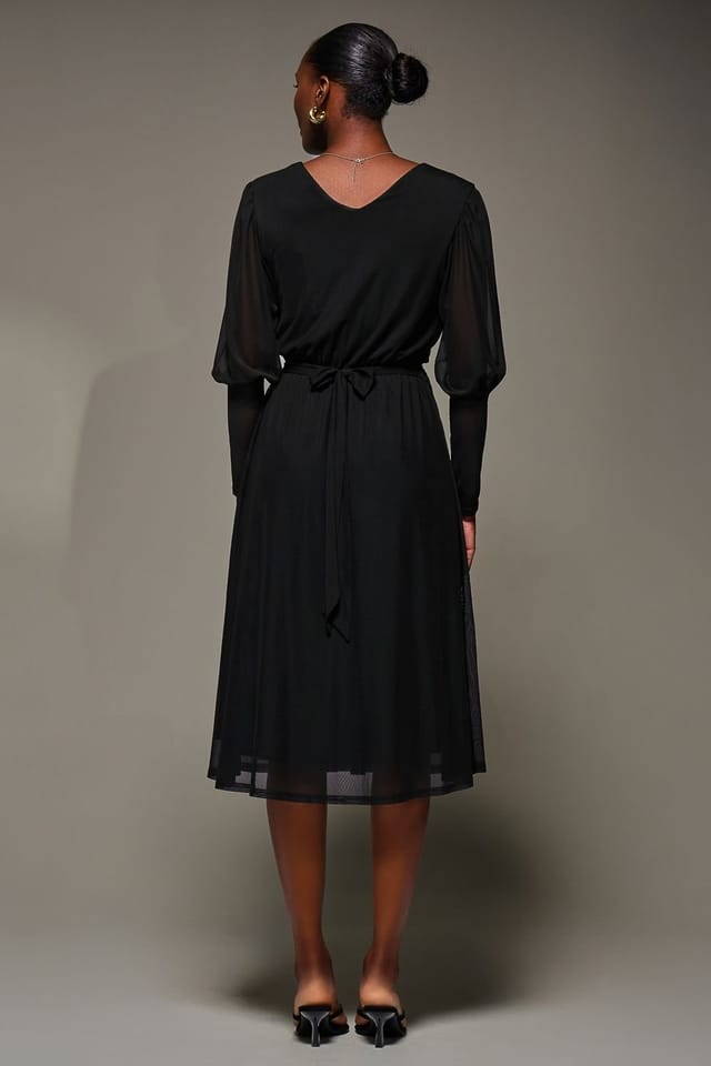 Jolie Moi Jolie Moi Women's Mesh Long Puff Sleeve Wrap Midi Dress in Black - 2