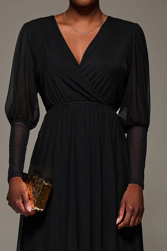 Jolie Moi Jolie Moi Women's Mesh Long Puff Sleeve Wrap Midi Dress in Black - 3