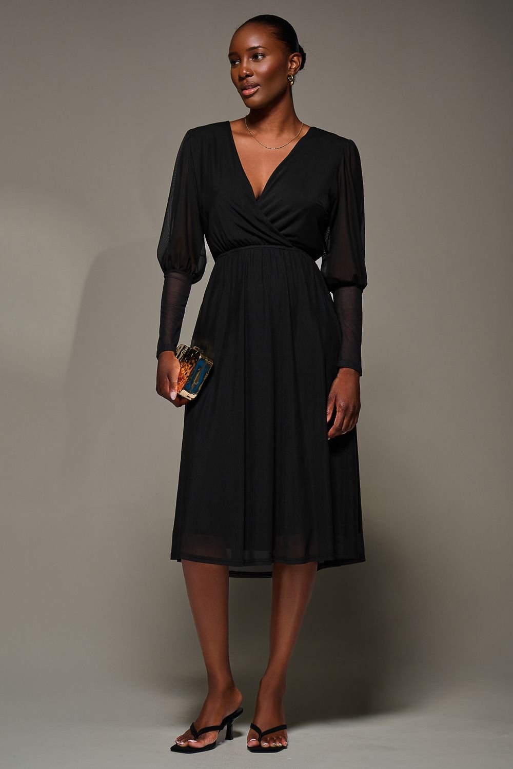 Jolie Moi Jolie Moi Women's Mesh Long Puff Sleeve Wrap Midi Dress in Black - 4