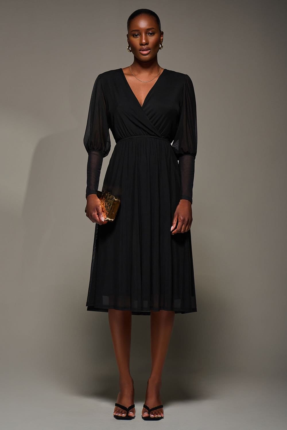 Jolie Moi Jolie Moi Women's Mesh Long Puff Sleeve Wrap Midi Dress in Black - 4