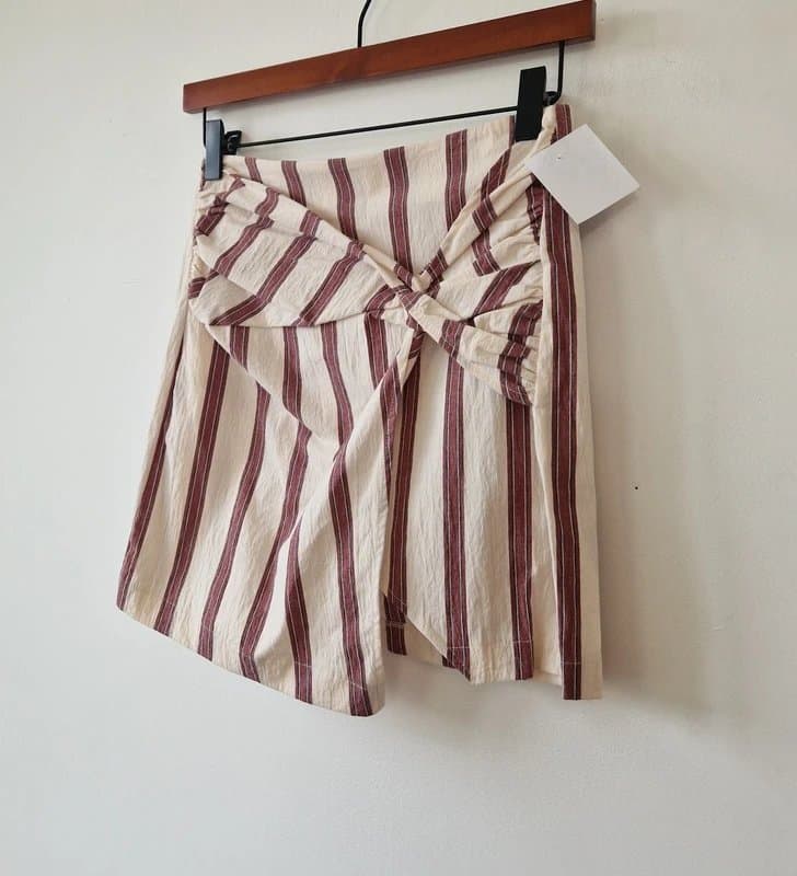 Bershka Bershka Mini Skirt Size XS NEW Cream Maroon Striped Wrap Front Stretchy Bodycon