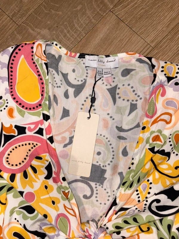 Never Fully Dressed Never Fully Dressed Colourful Tie Up Long Sleeve Playsuit Size 12 Funky Abba 60s 70s flare