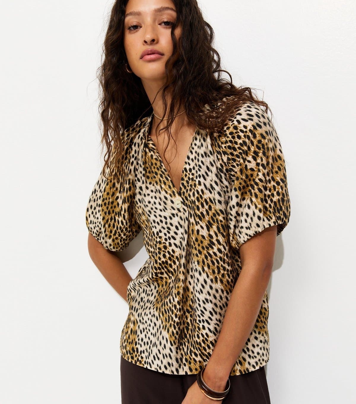 New Look Women's Brown Animal Print Puff Sleeve Blouse New Look
