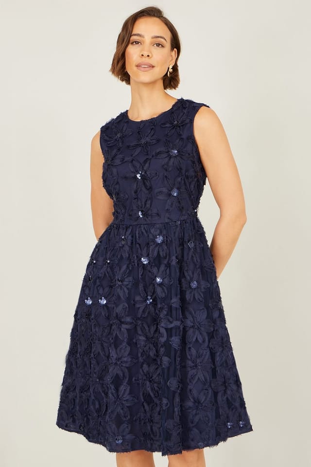 Yumi Yumi Women's Navy Sequin Floral Applique Skater Dress - 2