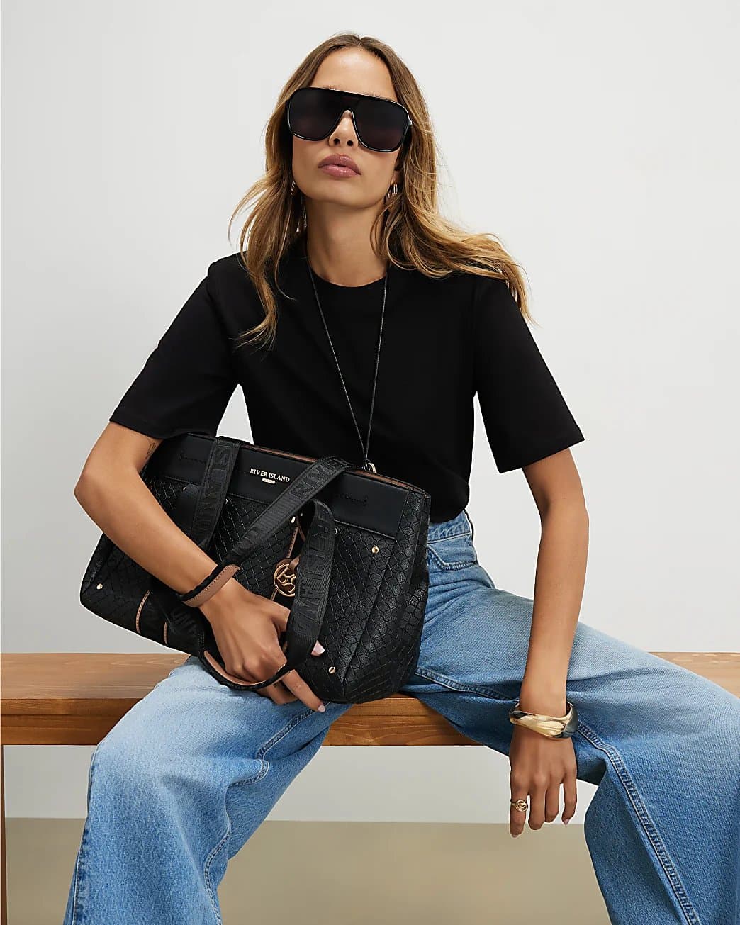 River Island River Island Womens Black Embossed Monogram Tote Bag