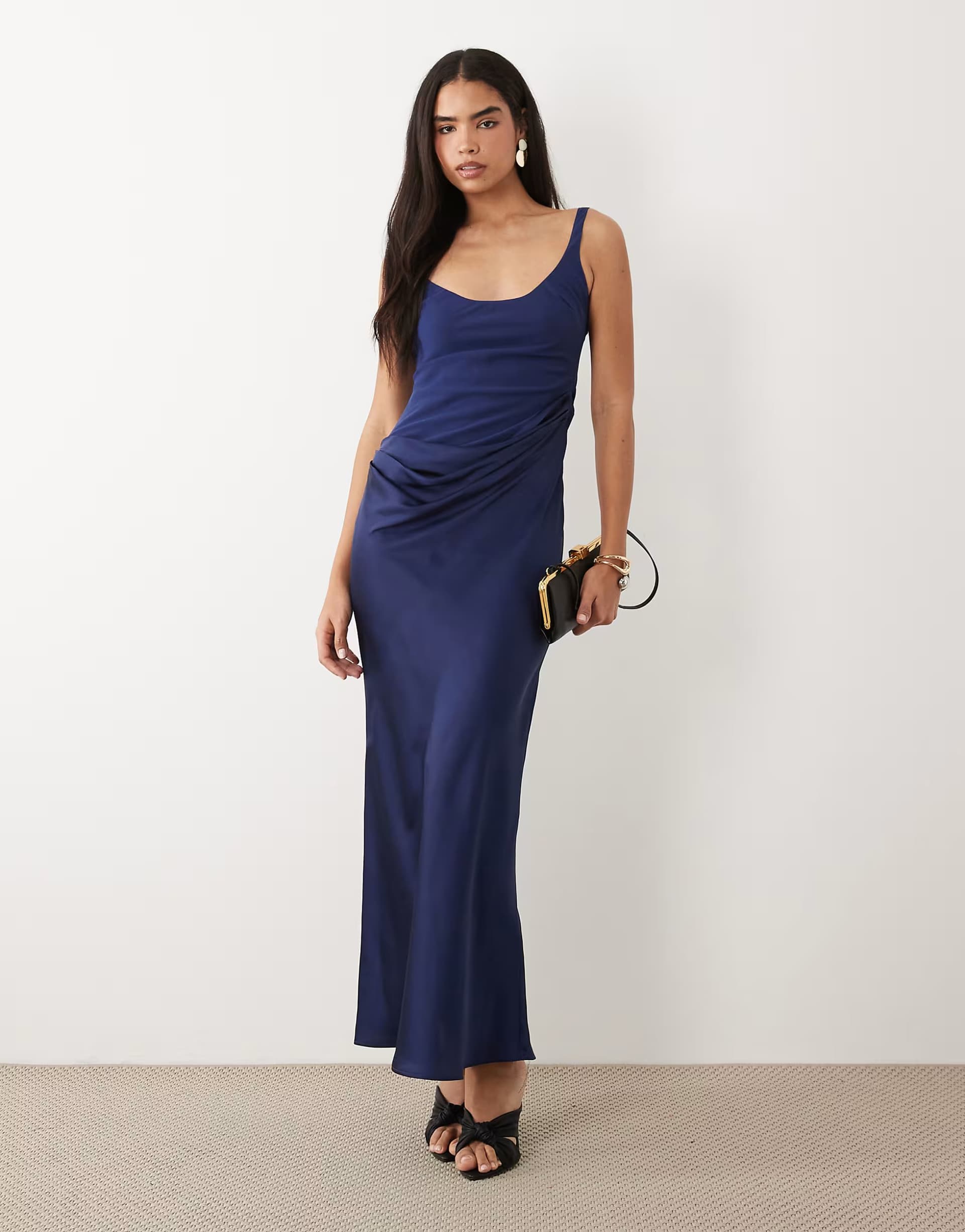 ASOS ASOS DESIGN deep scoop neck maxi dress with asymmetric draped skirt overlay in navy