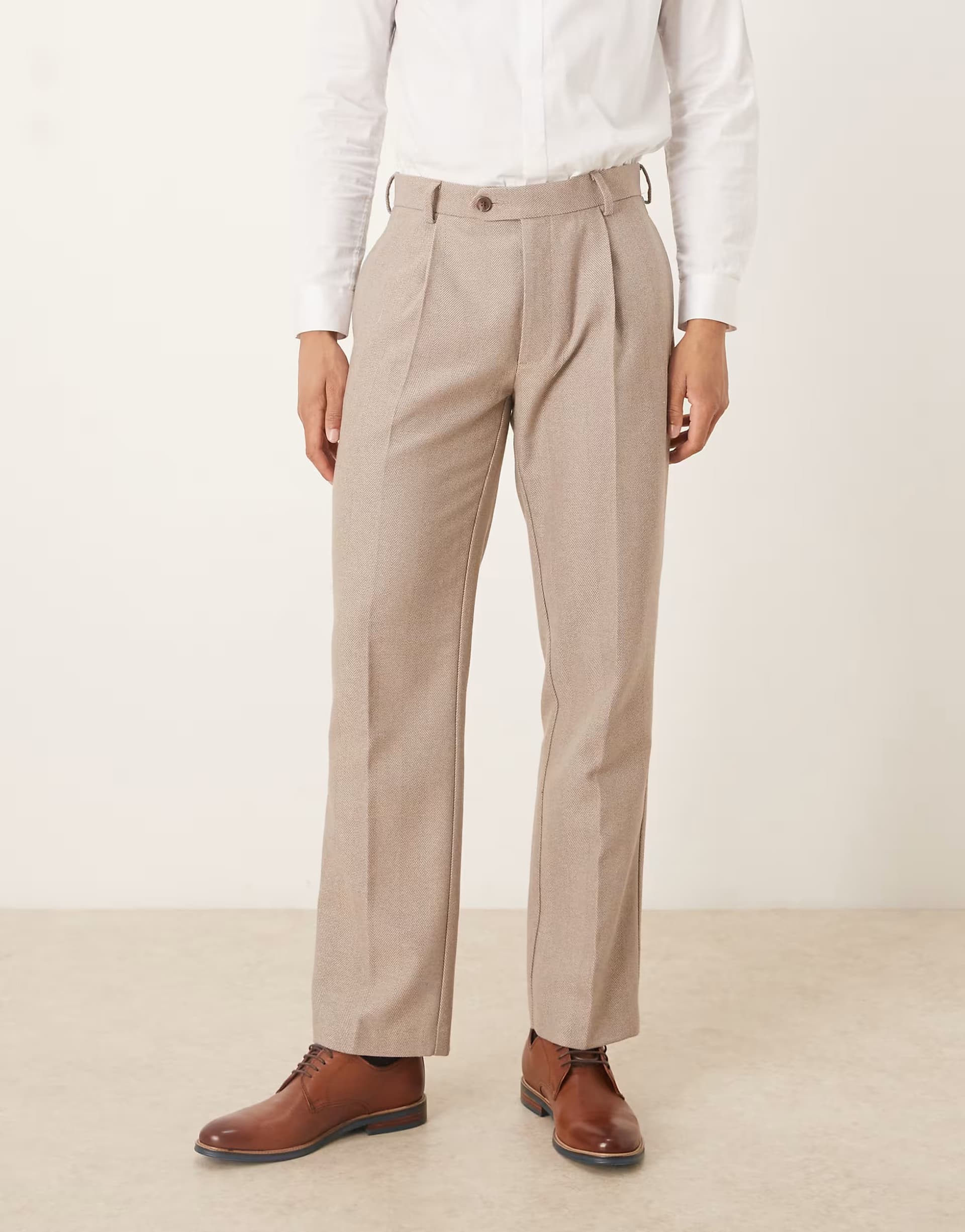 ASOS ASOS DESIGN smart pleated straight leg trousers with wool in beige herringbone