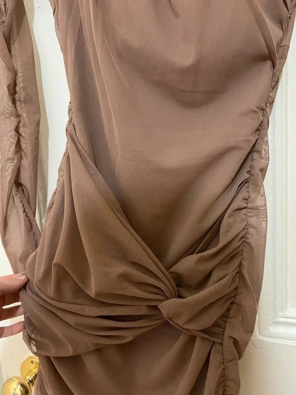 Bershka Brown Tulle Long Sleeve Mini Dress