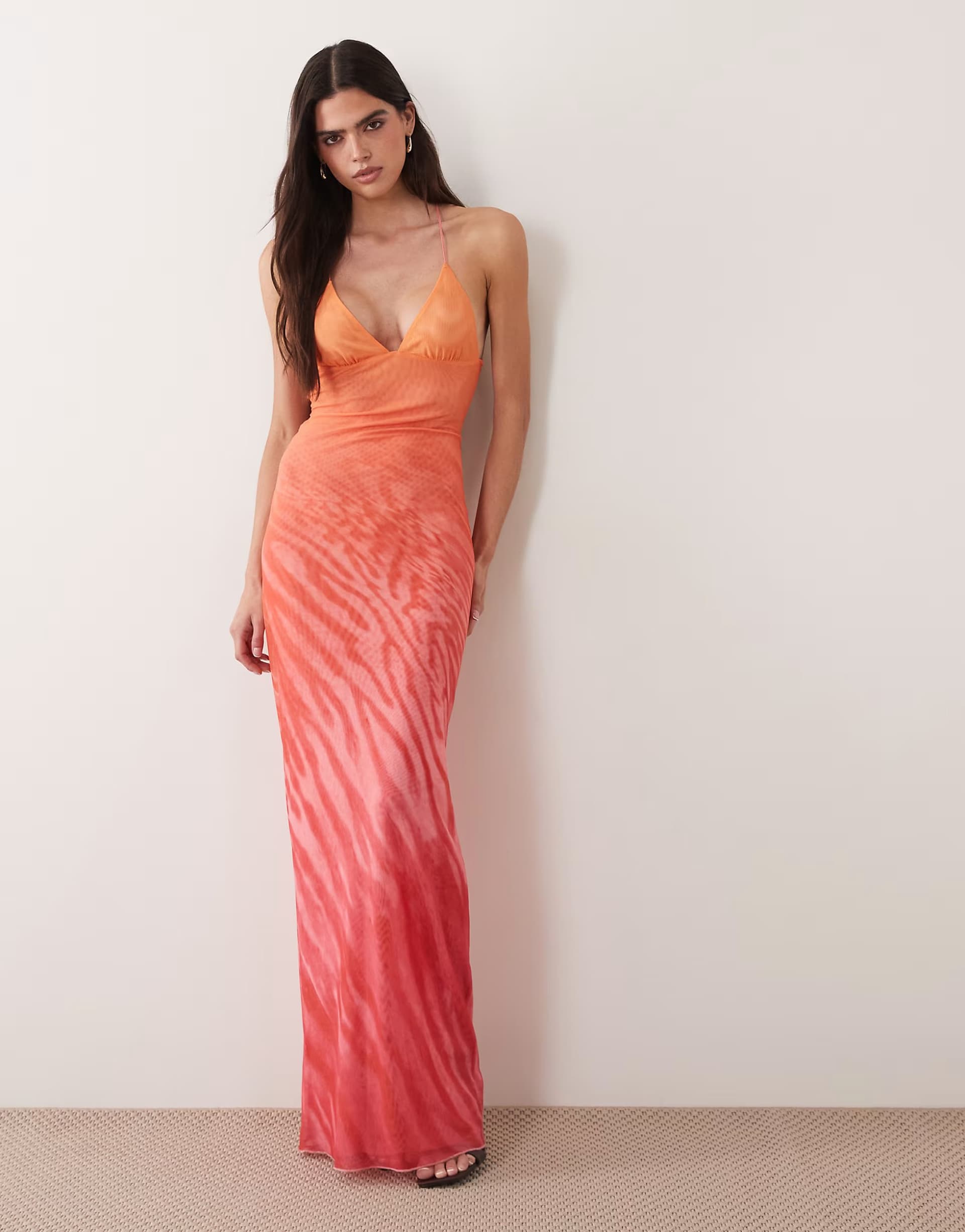 ASOS I.AM.GIA Ellery cami open back butterfly detail maxi dress in pink and orange ombre animal print