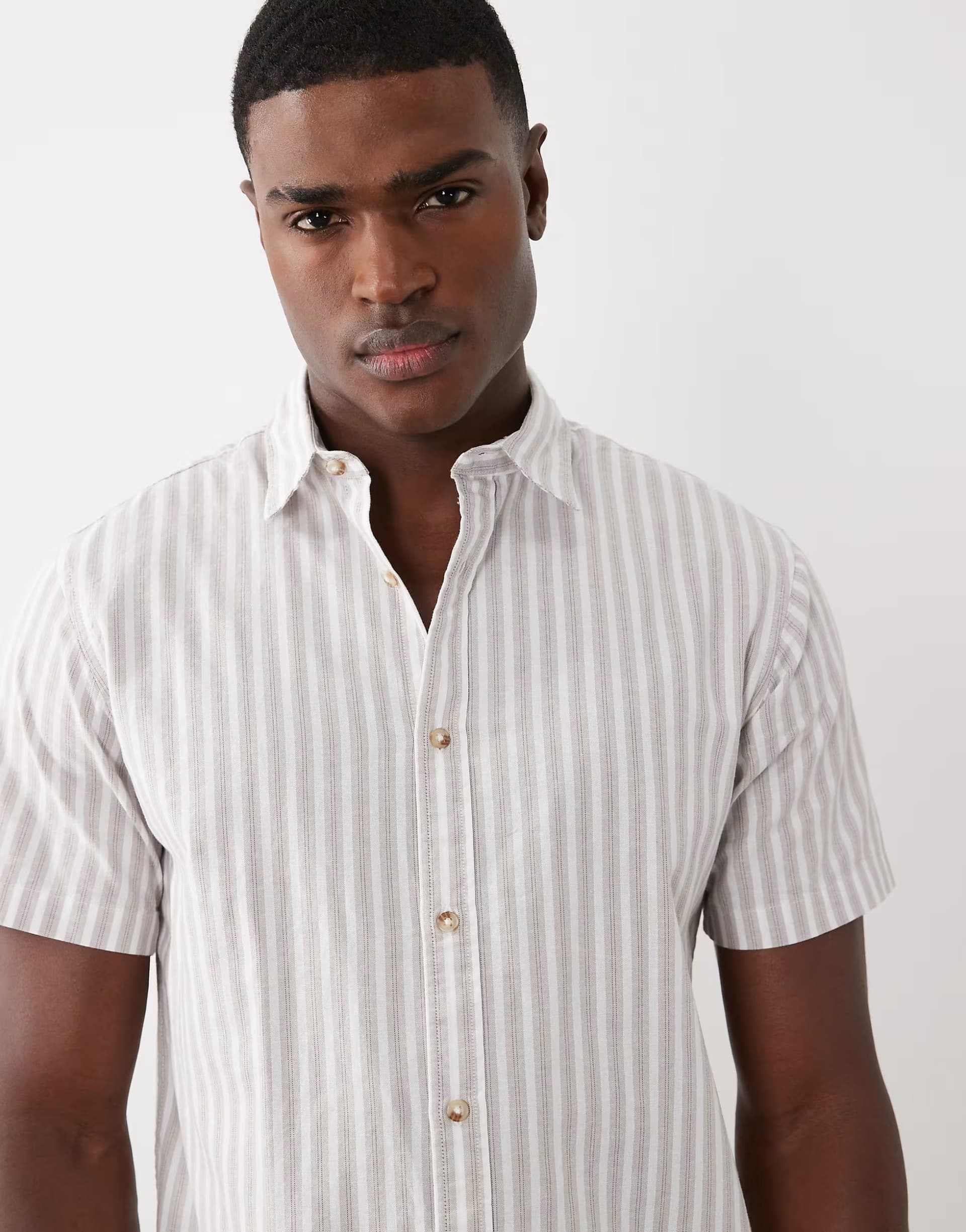 ASOS Jack & Jones short sleeve stripe oxford shirt in beige