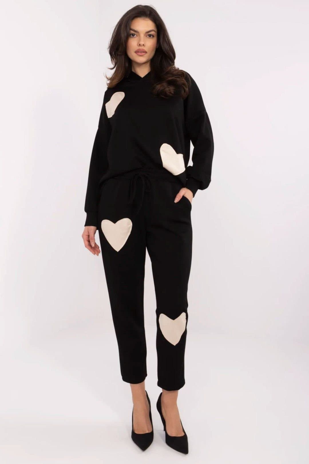 Love Lace Love Lace Women's Casual Heart Patch Hood Tracksuit Set in Black