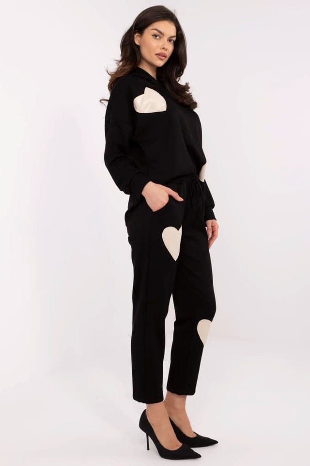Love Lace Love Lace Women's Casual Heart Patch Hood Tracksuit Set in Black - 2
