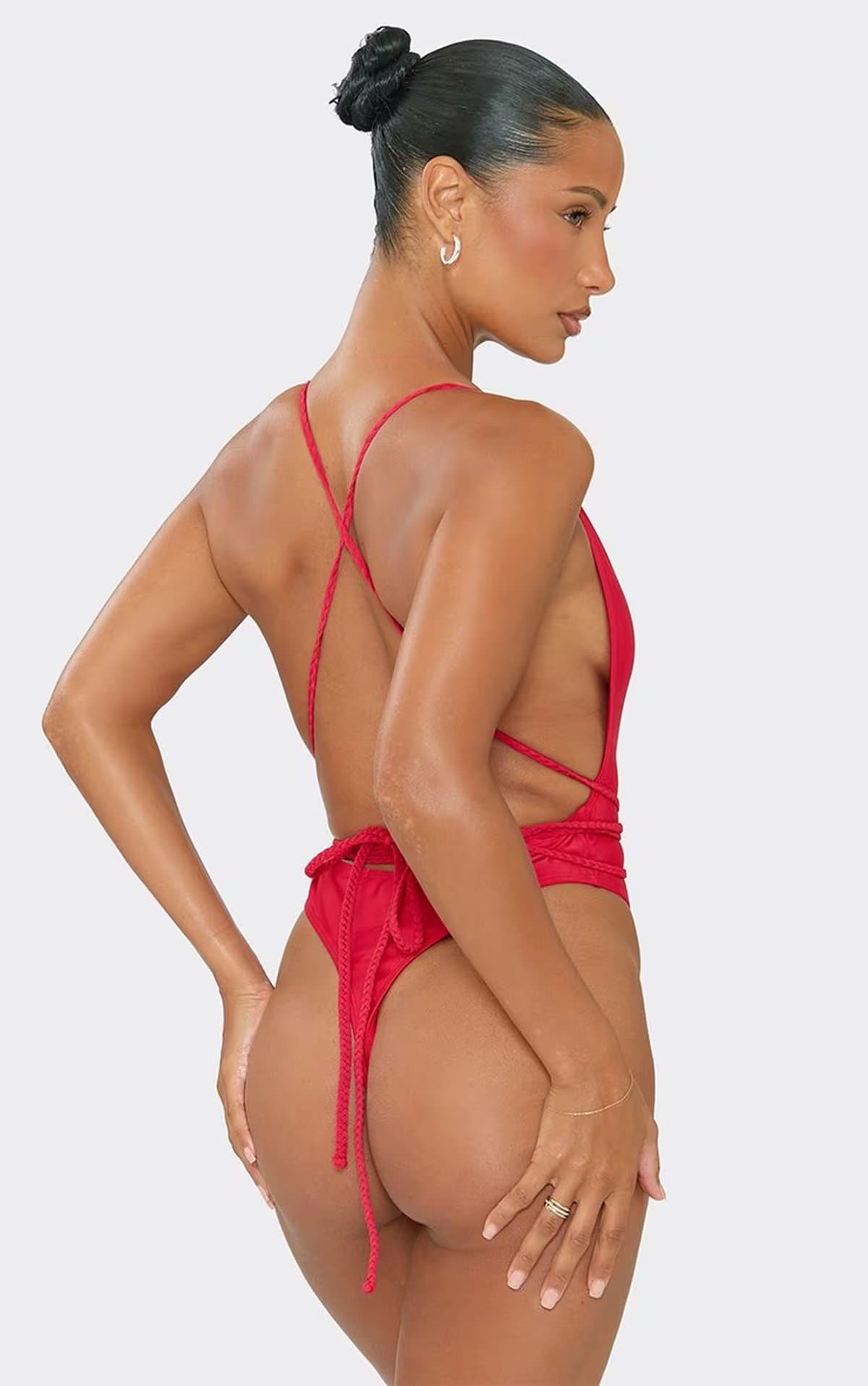 EGO Plunge Neck Plait Detail High Leg Swimsuit In Red, Women's Size UK 6