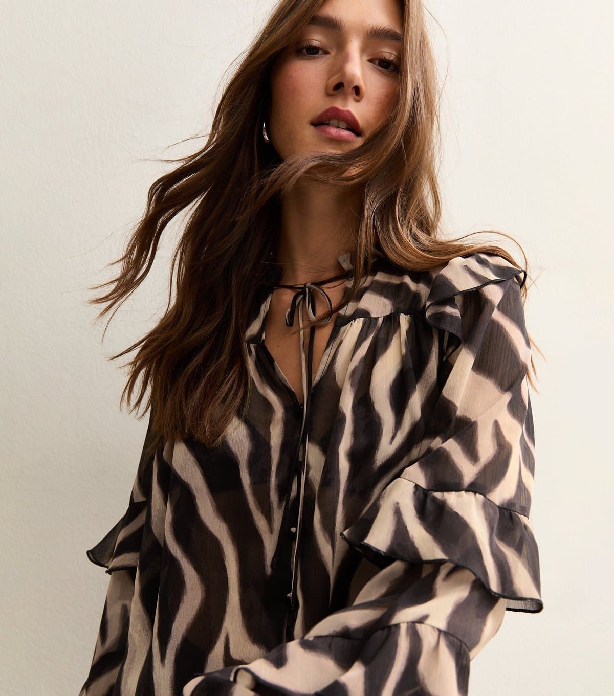 New Look Women's Black Zebra Print Chiffon Frilly Trimmed Blouse New Look