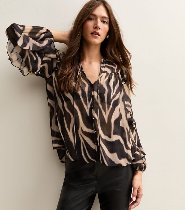 New Look Women's Black Zebra Print Chiffon Frilly Trimmed Blouse New Look - 2