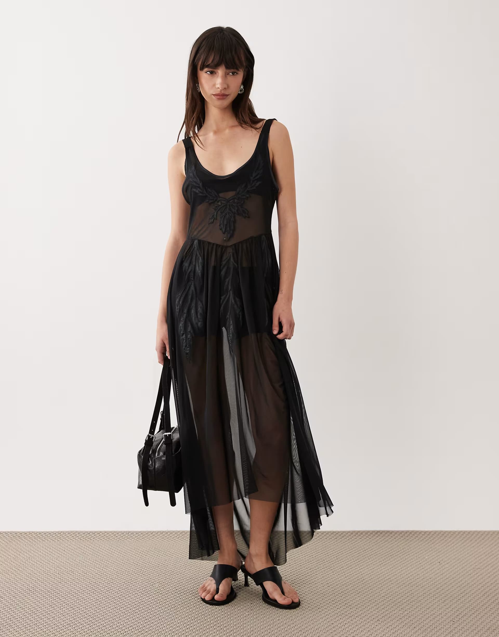 ASOS Miss Selfridge applique mesh maxi dress in black