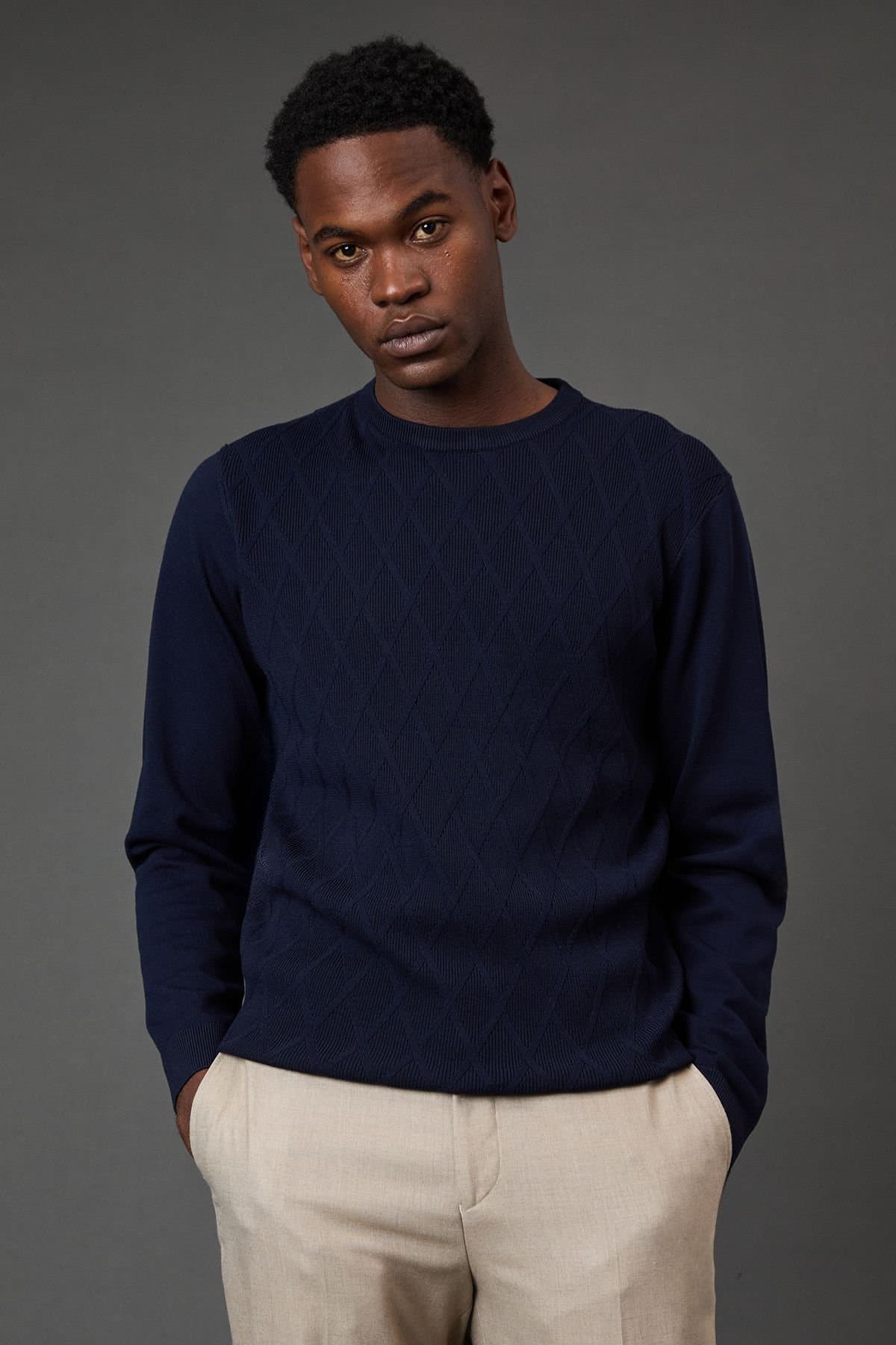 Burton Burton Men's Navy Diamond Jacquard Crew Neck Jumper