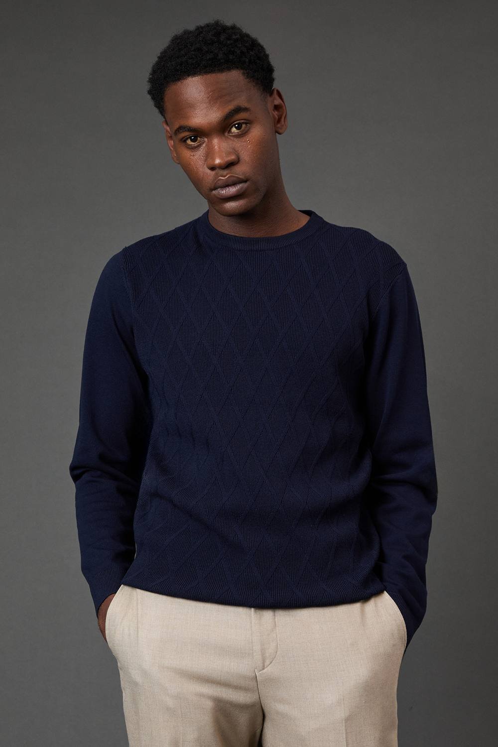 Burton Burton Men's Navy Diamond Jacquard Crew Neck Jumper - 2